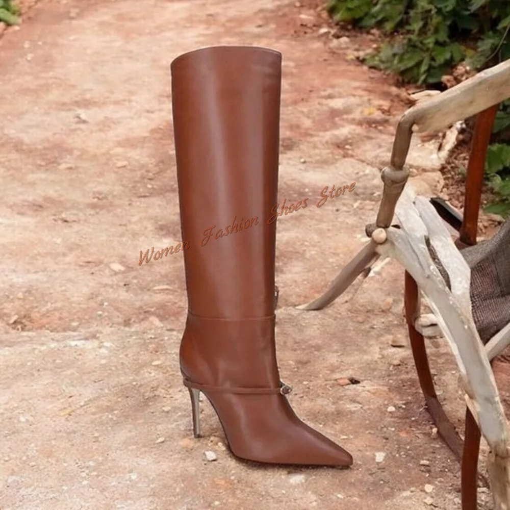 

Brown Buckle Decor Slip on Pointed Toe Boots Knee High Matte Leather High Heel Shoes for Women Heels 2024 New Zapatos Para Mujer
