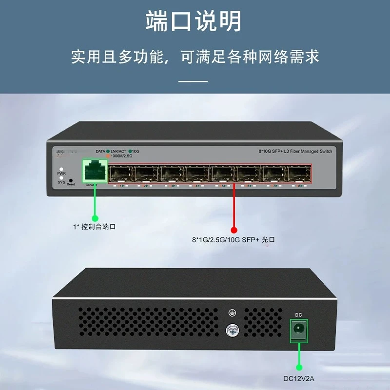 8 Ports Full 10 Gigabit Ethernet Switch Home Server NAS Computer Shared Reading SFP + 10G Uplink 2.5G Managed Fiber Switch