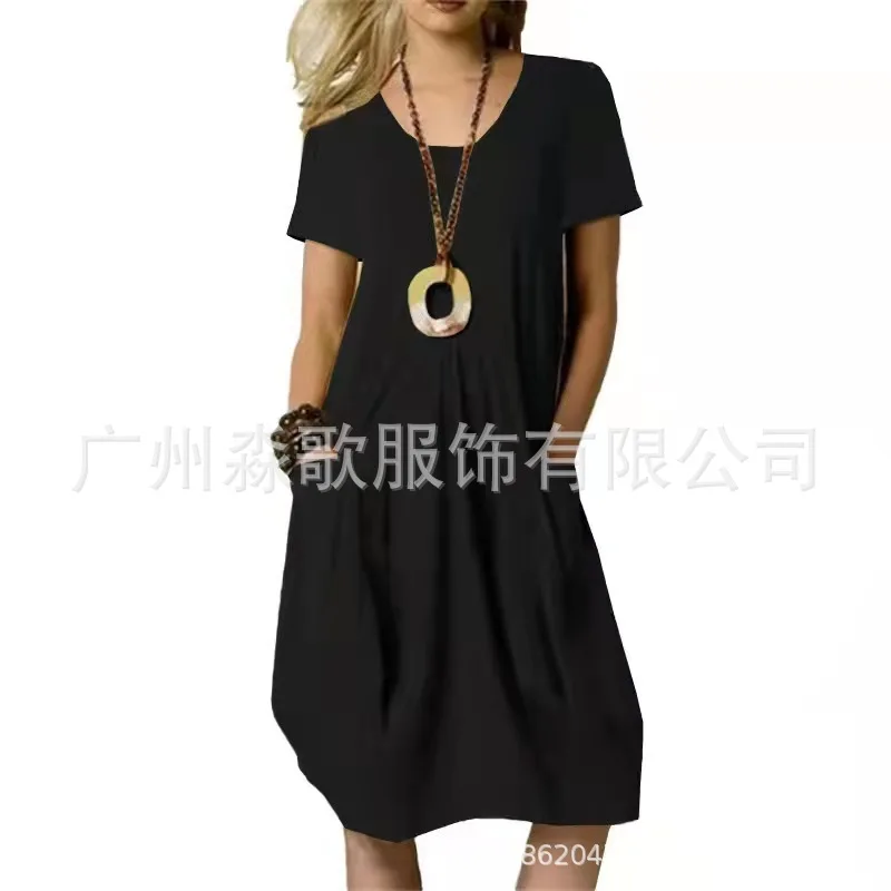 

New Fashion Solid Color Cotton and Linen Sticker Bag Round Neck Short-sleeved Dress 2025