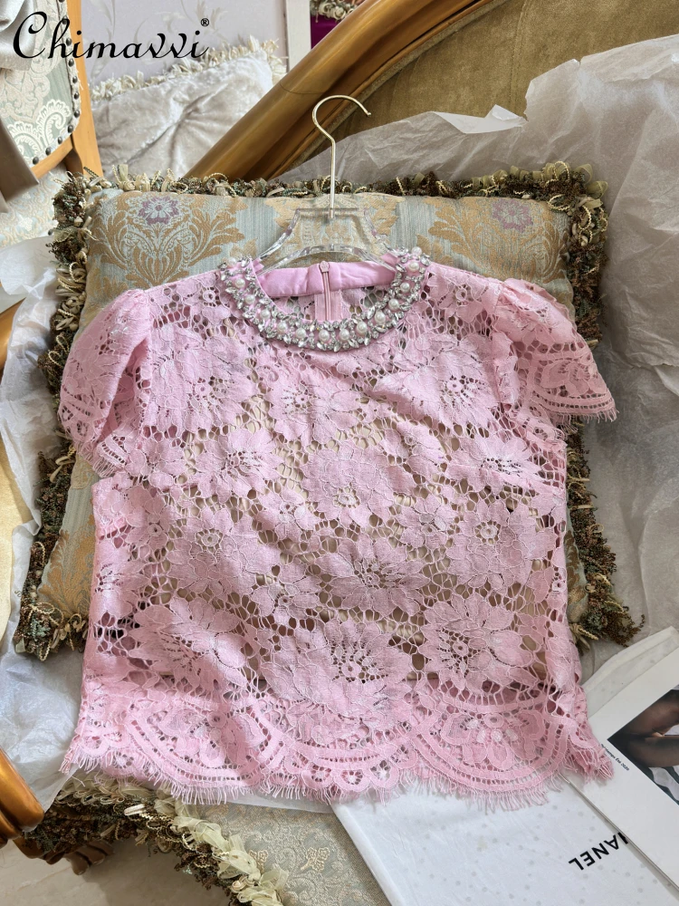 

2025 Summer New Women's Fashion Sexy Short-sleeved Top Heavy Hollow Bead Short-sleeved Crew Neck Pink See-through Lace Shirt