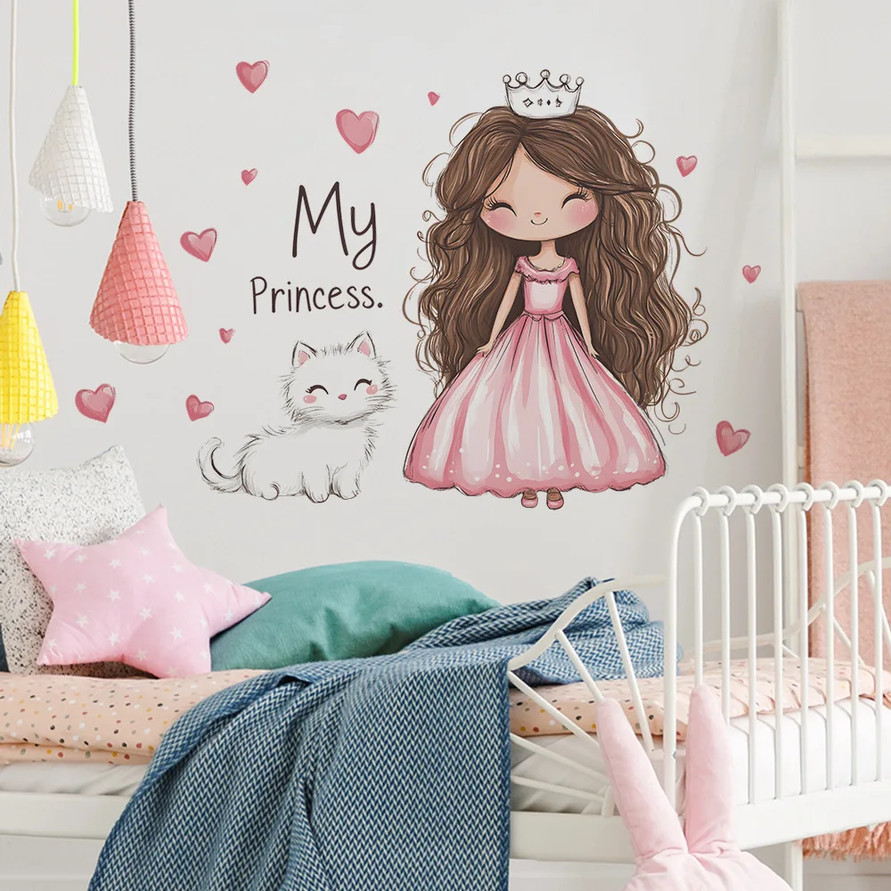 Cartoon princess, little cat, heart-shaped bedroom, living room, home, wall background beautification and decoration stickers