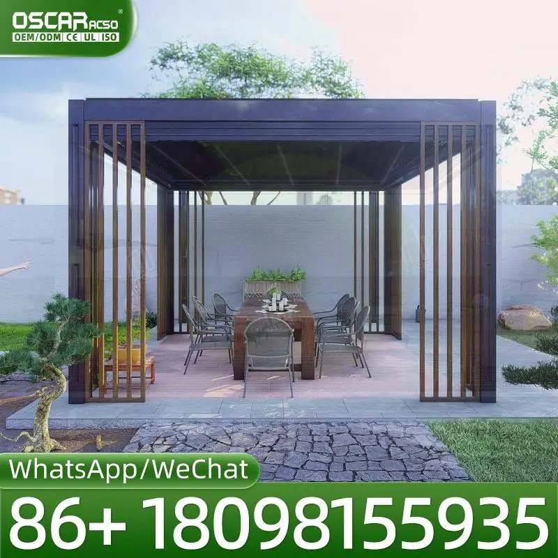 Custom 6x4 Manual Aluminium Pergola with Remote Control and Sliding Glass Doors Tropical Outdoor Bioclimatic Shade European Back