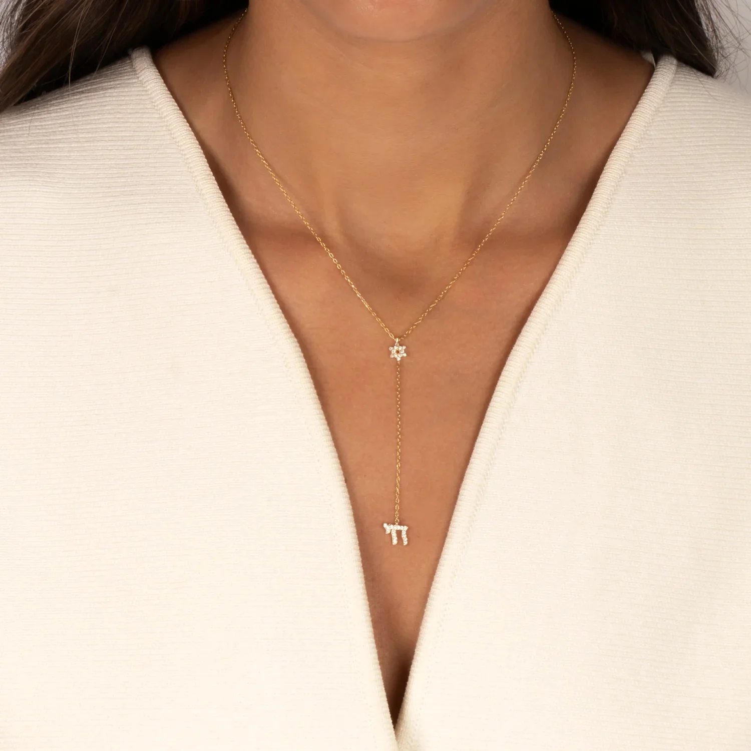 Elegant Hexagram Star Hebrew Chai Y Lariat Chain Necklace for Women Micro Paved Cubic Zirconia Gold Silver Color Party Wedding