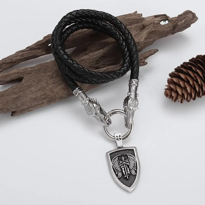 Classic Mythological Style Archangel Saint Michael Amulet Metal Saint Shield Pendant Necklace Men\'s Charm Leather Chain Jewelry