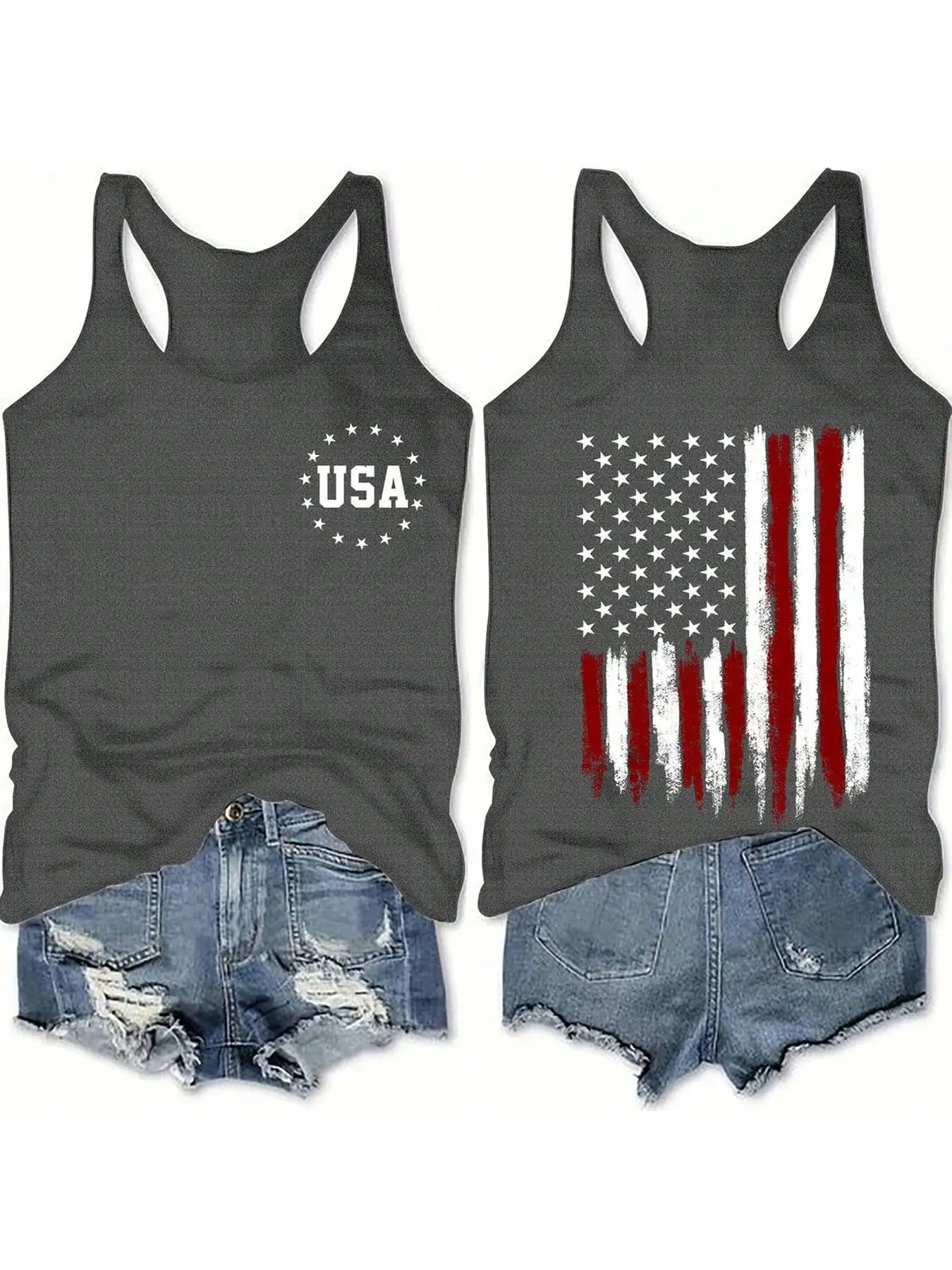 Ladies' American Flag Double-Sided Printed I-Back Vest, Summer Casual Sleeveless Top, Popular Style