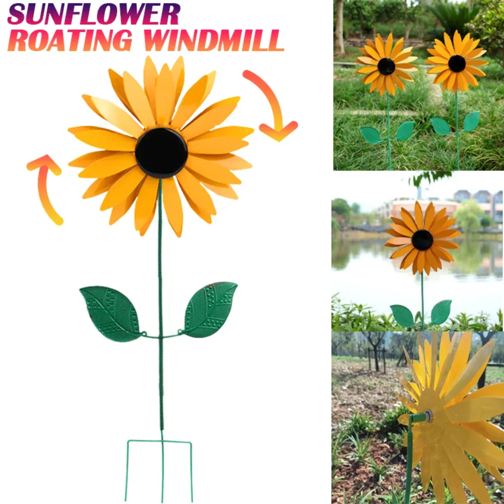 Metal Rotating Sunflower Wind Spinner Sunflower Windmill with Stake Standing Lawn Flower Pinwheel Outdoor Garden Decorations