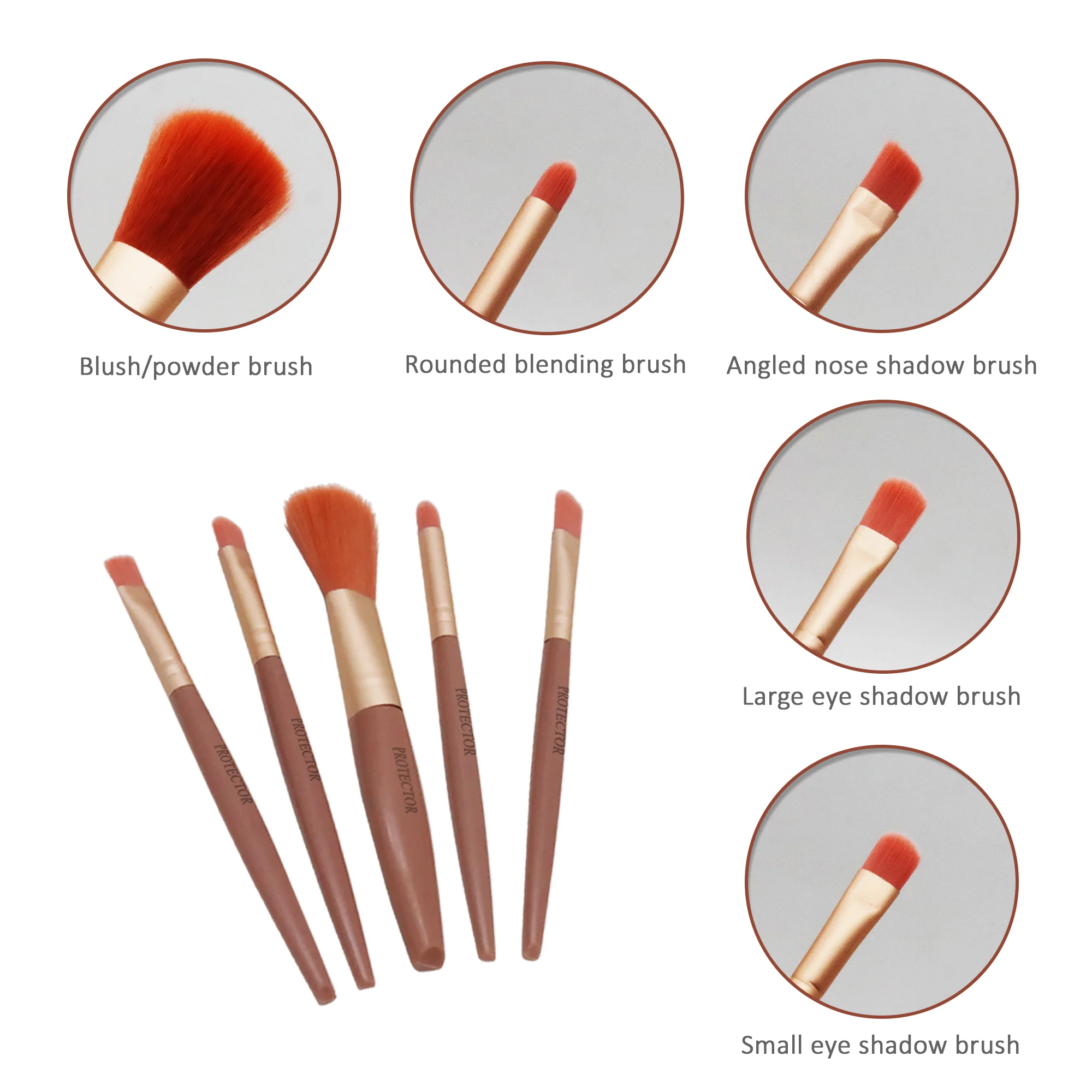 مجموعة فرش مكياج مدمجة مكونة من 5 قطع من PROTECTOR - شعيرات صناعية ناعمة (بدون تساقط) + حقيبة سفر مقاومة للصدمات لرحلات المكياج اليومية/المكياج