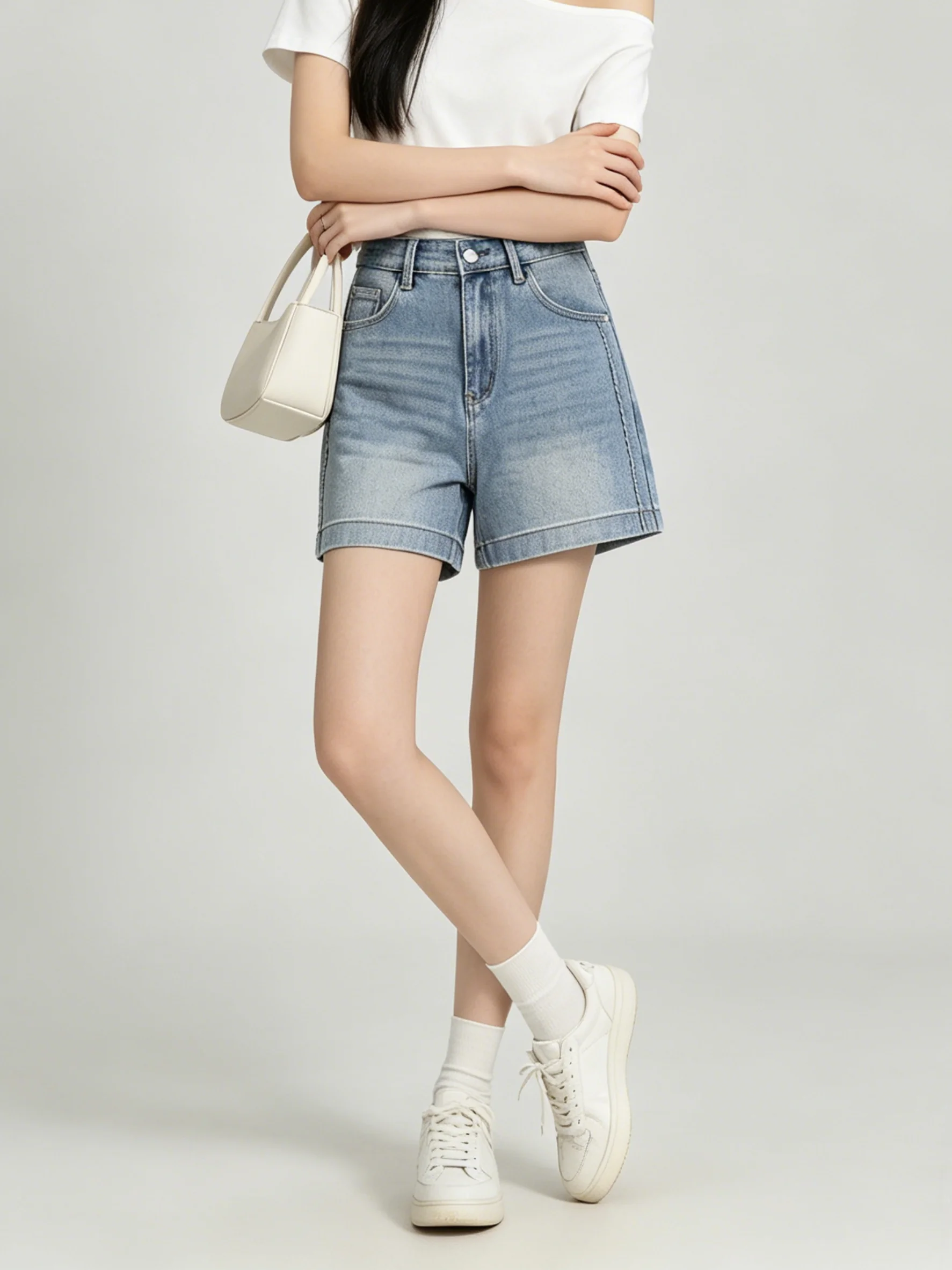 Light Wash Retro Distressed High Waist Wide Leg Jeans Commute Style Casual Shorts Korean Version Simple Pure Color Zipper