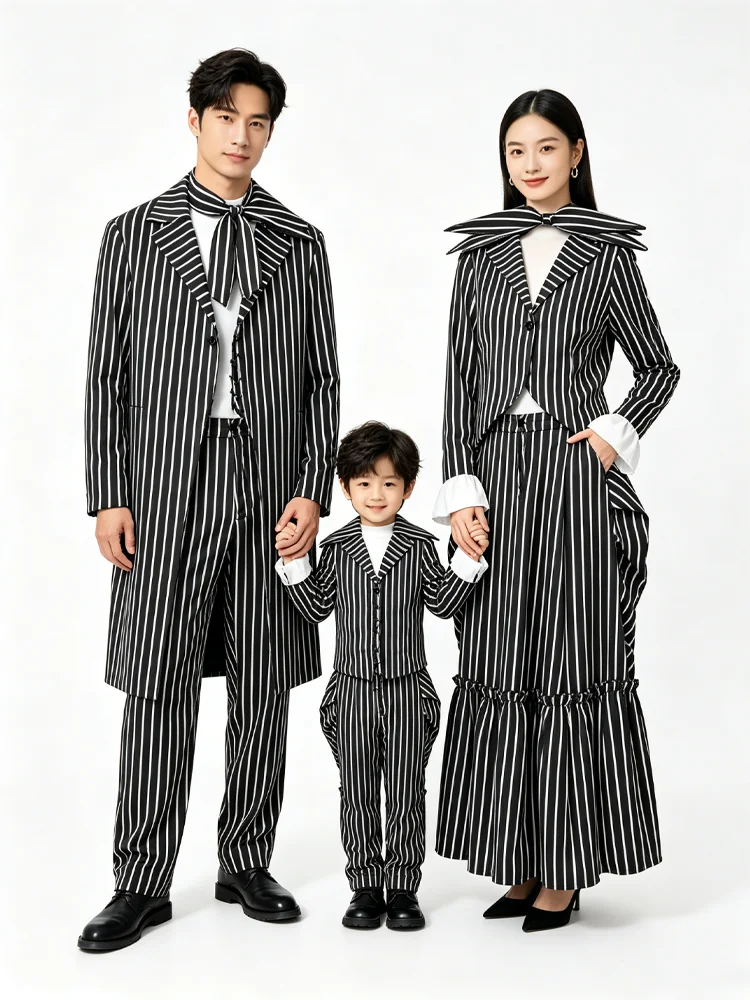 Disfraz familiar de Jack Skellington de The Nightmare Before Christmas, traje a rayas negras para hombres, mujeres y niños, disfraz a juego para Halloween