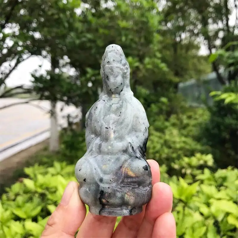 

10CM Natural Labradorite Goddess Guanyin Statue Carving Buddhism Home Decoration Healing Fengshui Gemstone Gift 1PCS