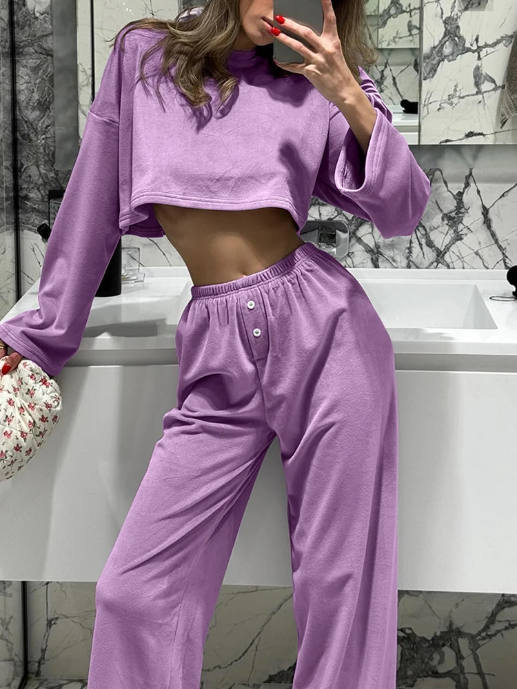 Hiloc Knitted Pajamas For Women 2 Piece Sets O Neck Long Sleeve Crop Top Casual Female Trouser Suits Purple Sleepwear Autumn