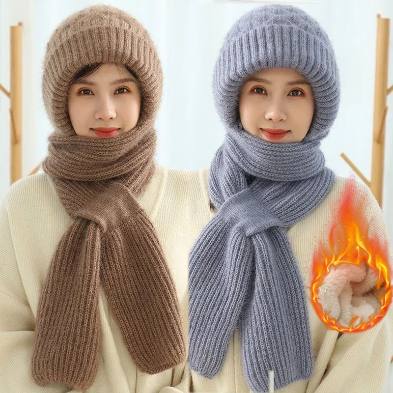 New Plush and Thickened Scarf Integrated Wind and Snow Hat, Autumn and Winter Squirrel Fluff Thread Hat for Warmth