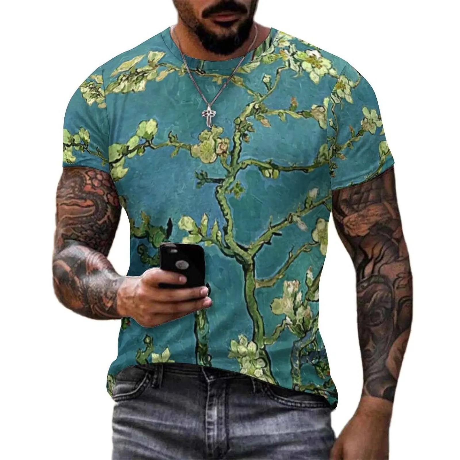 Floral Print Art T Shirt Van Gogh Almond Blossoms Harajuku T-Shirts Men Streetwear Tshirt Summer Short Sleeve Tops Plus Size