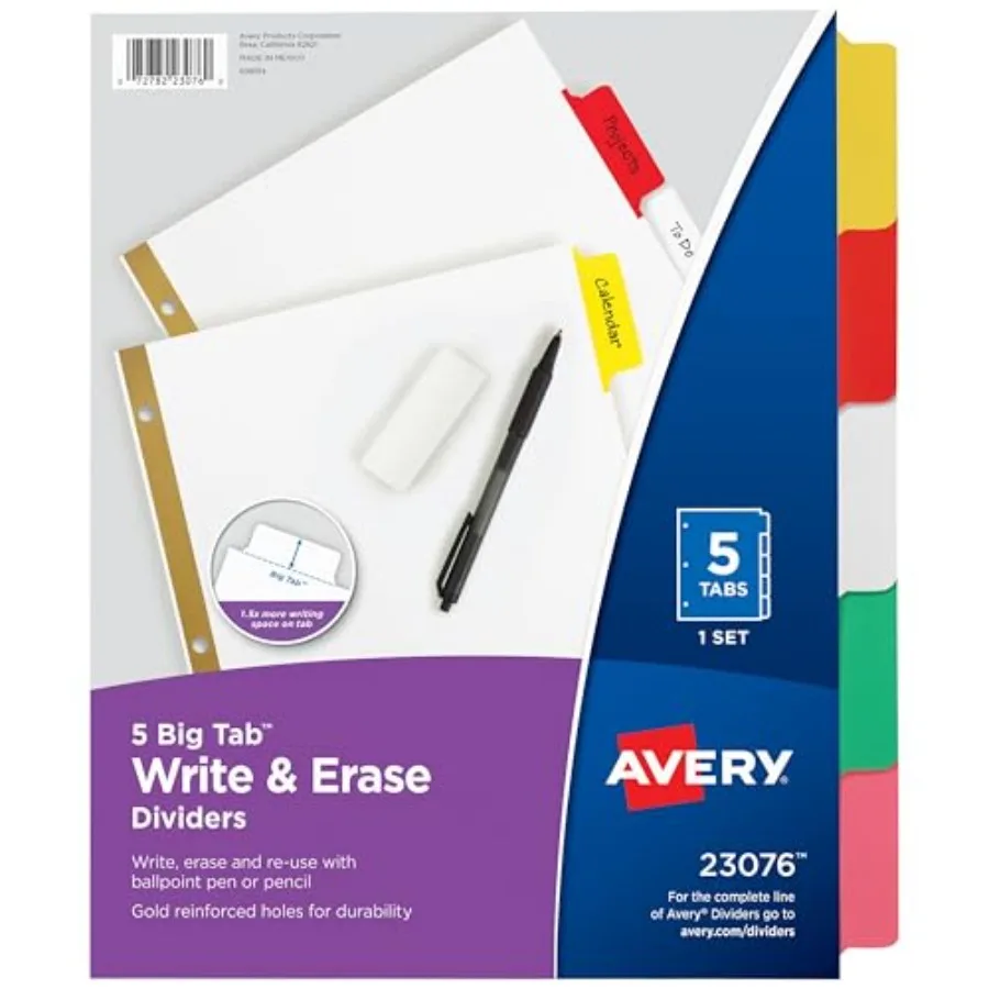 Big Tab Write and Erase Dividers for 3 Ring Binders, 5-Tab Set, Multicolor Divider Tabs, 1 Set of Binder Dividers, Great for Or