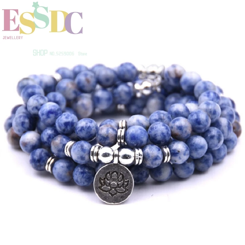 Wholesale Summer Natural Blue Energy Stone Yoga Healing Jewelry 108 Mala Beads with Lotus Charm Men's Bracelet