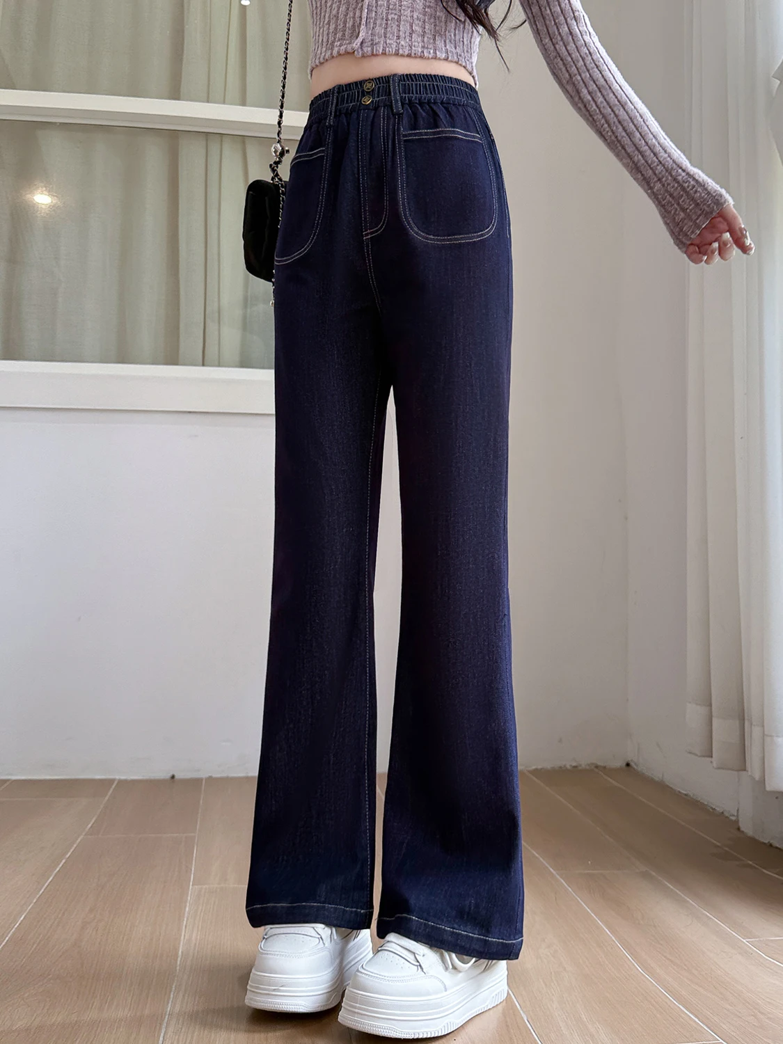 ارتفاع الخصر واسعة الساق جينز غير رسمي فضفاض صالح مطاطا الدنيم الطابق طول السراويل النسائية الخريف Faion حجم كبير بناطيل كاجوال