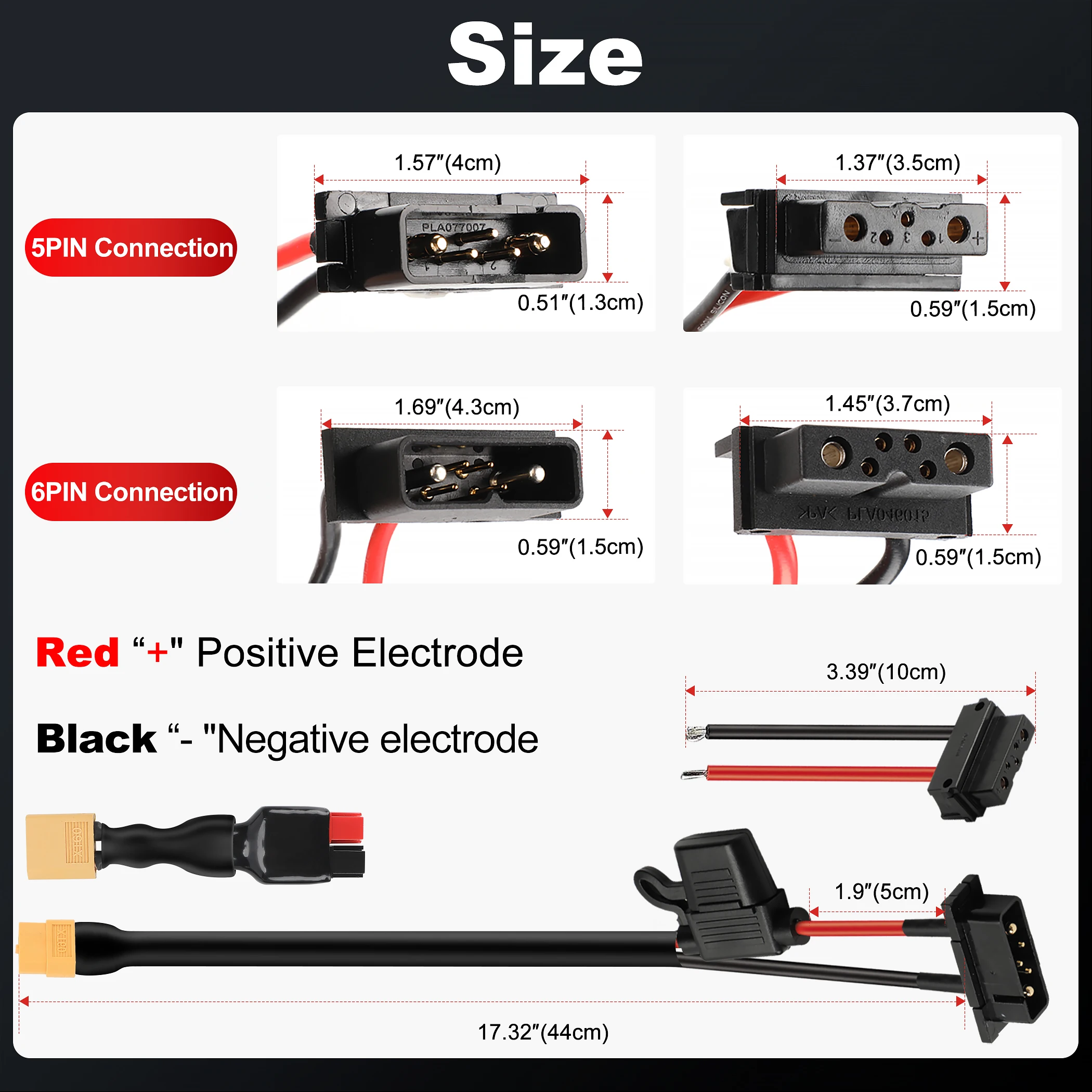 4PIN/ 5PIN/6PIN Ebike Discharge Connector Set with 50A External Fuse, Golden Plated Port for Hailong Down Tube Battery & Base