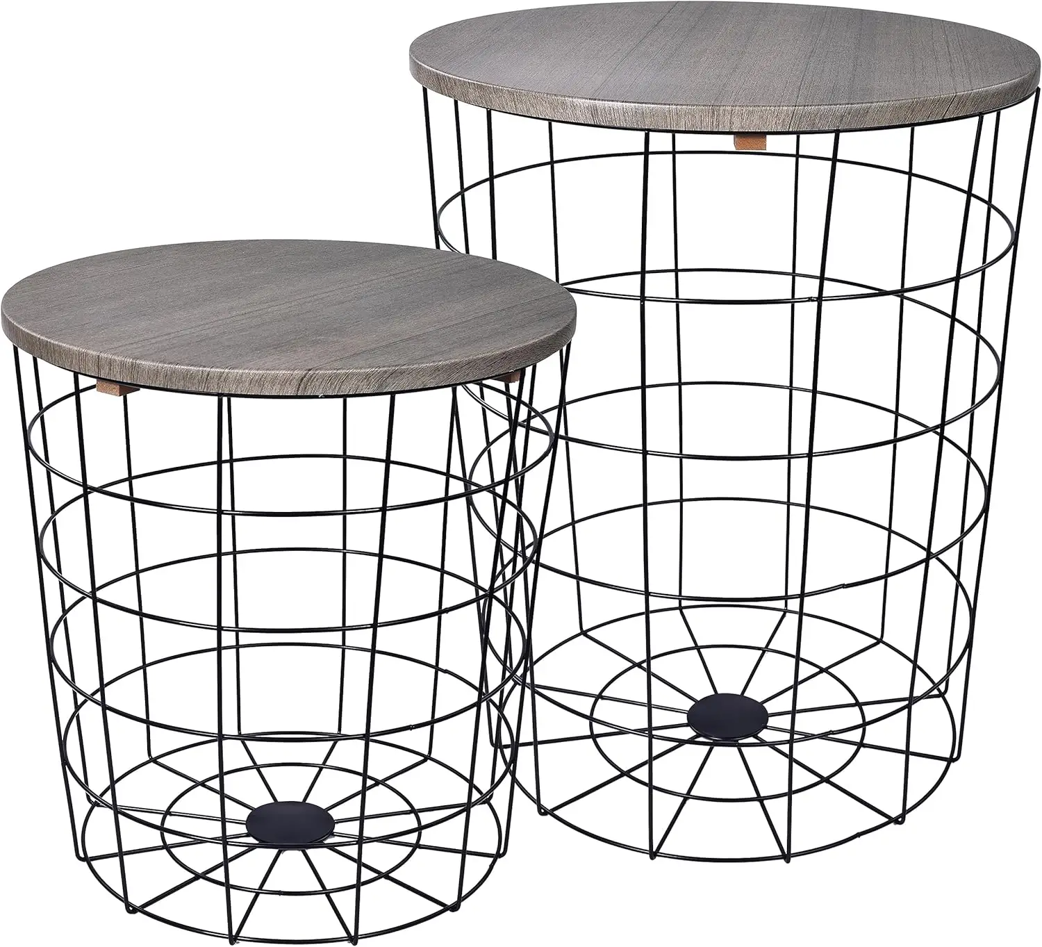 Wire Basket Base with Wood Tops Side Table Set of 2, Gray