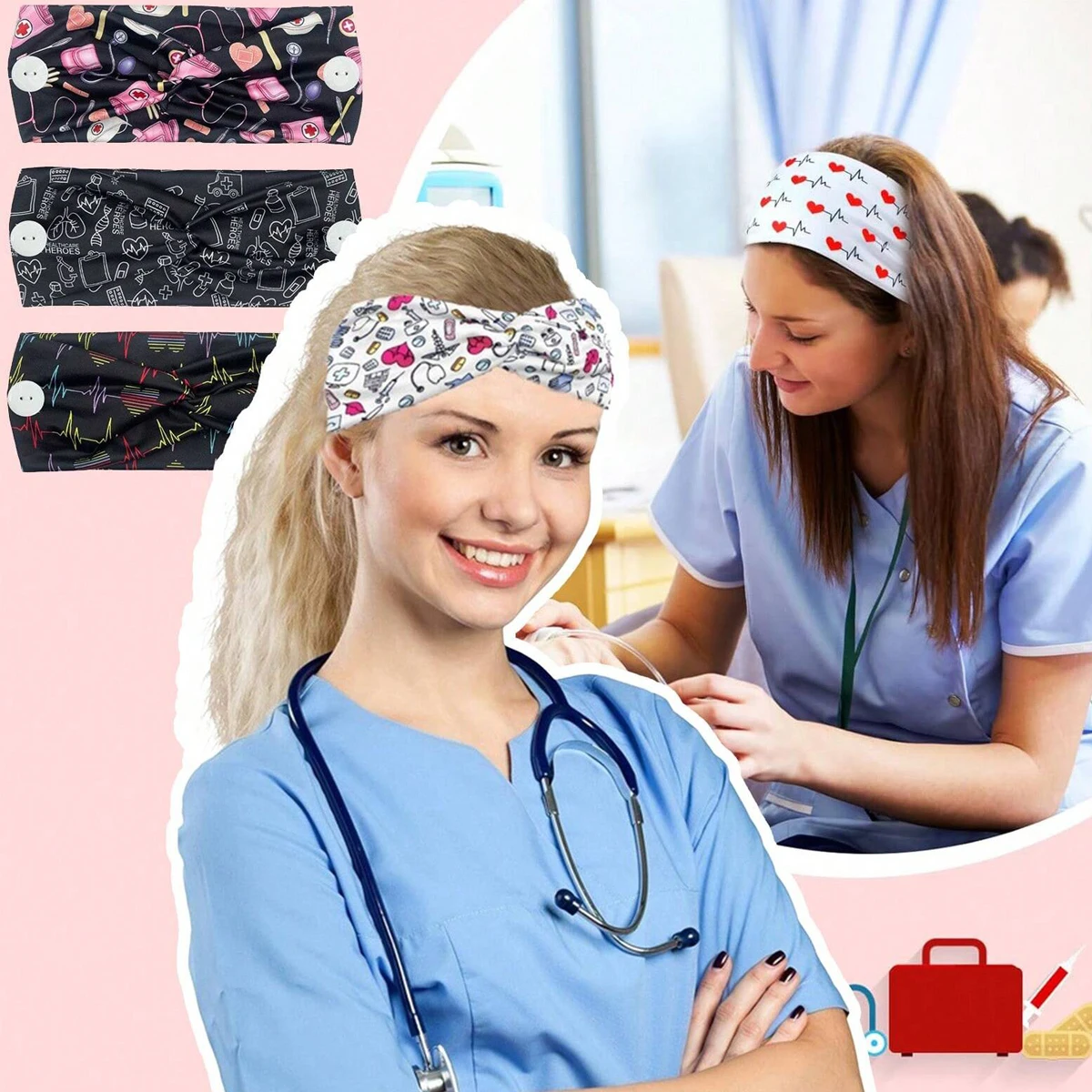 Damen-Krankenschwester-Stirnbänder mit Knopf, breite Stirnbänder für Masken, rutschfest, elastisch, Ohrenschutz, Geschenk für Ärzte, Schweißband, Haarband – Detail 3
