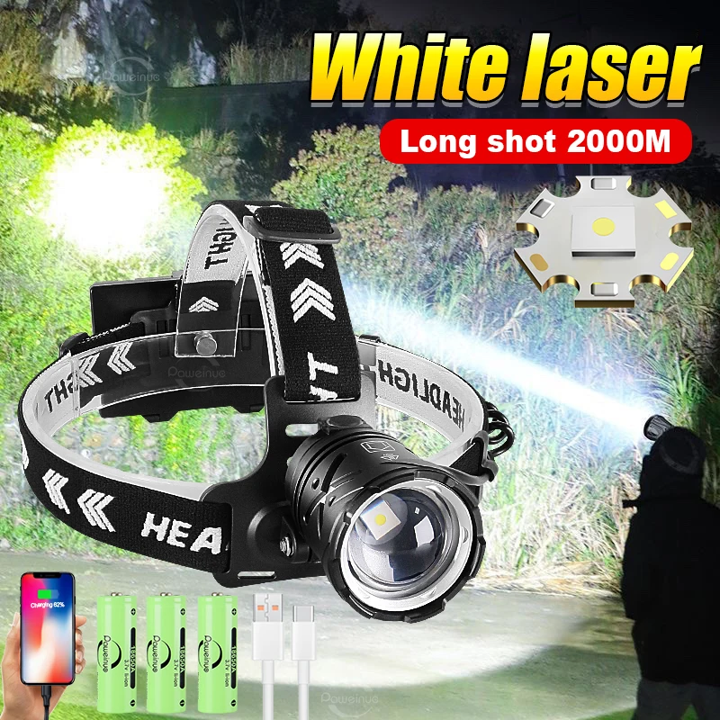 Lampada frontale a LED più potente faro ricaricabile Laser bianco 2000M torcia frontale ad alta potenza a colpo lungo XHP90 lanterna con lampada frontale