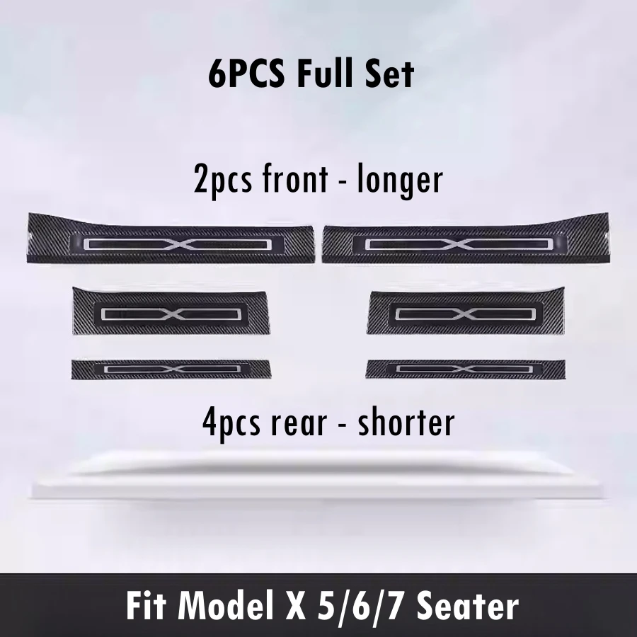 For Tesla Model X 2018-2025 Stainless Door Sill Protectors Carbonfiber Pattern Front Rear Door Welcome Pedal Covers, 6PCS Set