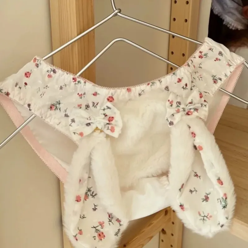 Velvet Rabbit Ears Bow Cute Plush Underwear Lolita Women Sweet Girl Warm Panties Women's Pure Cotton Crotch Middle Waist Briefs