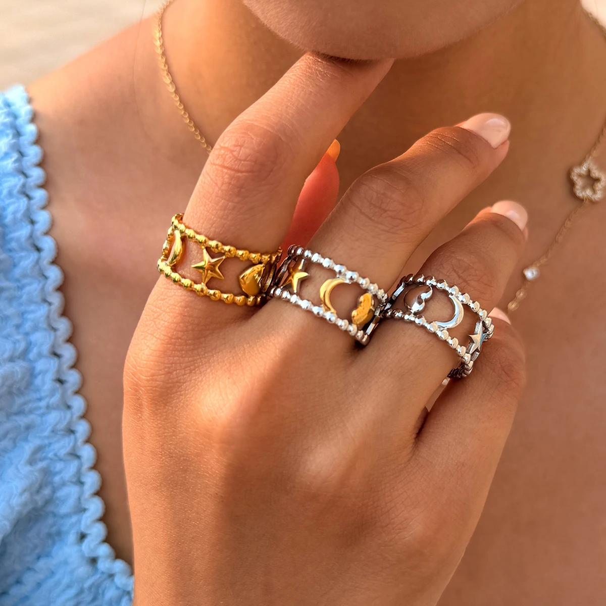 316L Edelstahl Sternlinien Offene Ringe für Damen, 18K Gold PVD-beschichtet, Eleganter Persönlichkeitsschmuck, Geschenke für Sie 2026