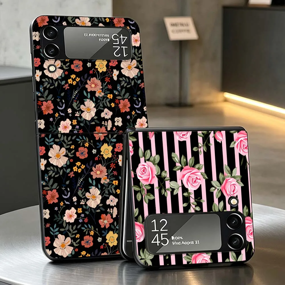 Pink Rose Striped Pattern PC Foldable Hard Phone Case For Samsung Galaxy Z Flip 3 4 5 6 7 8 5G Non-slip Shockproof Black Shell