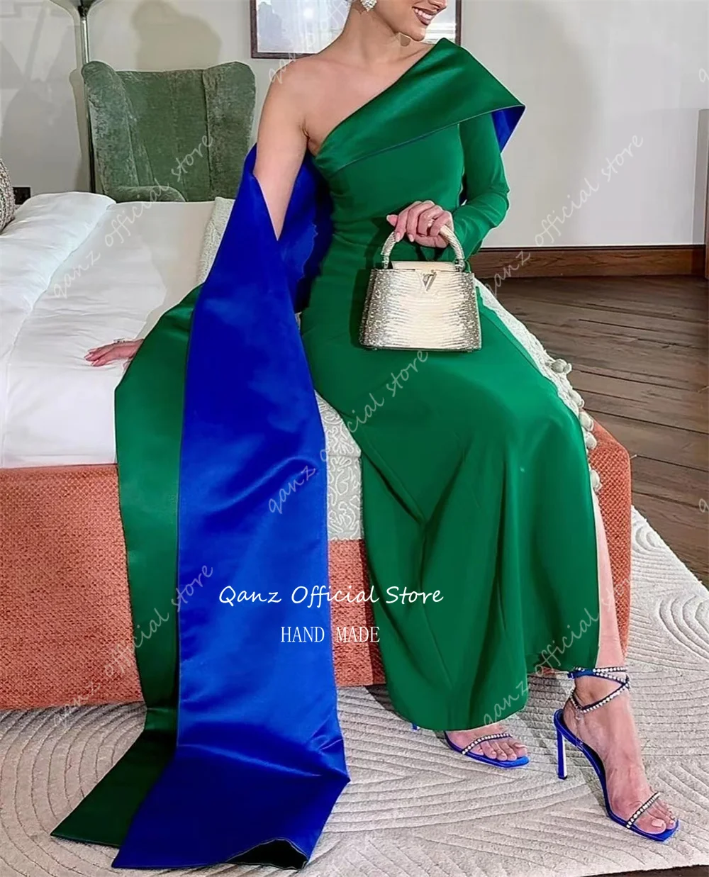 Qanz Green Evening Dress Mermaid High Slit Satin One Shoulder Party Gowns Side Split Saudi Arabia Party Gown Women Customized