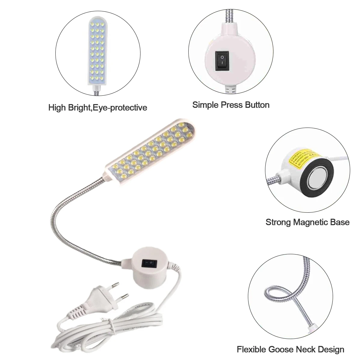 Industrial Led Light 1w 2w 3w Flexible Magnetic Work Light Portable Adsorbed Base Sewing Machine Eu/Us Plug Gooseneck Us Machine