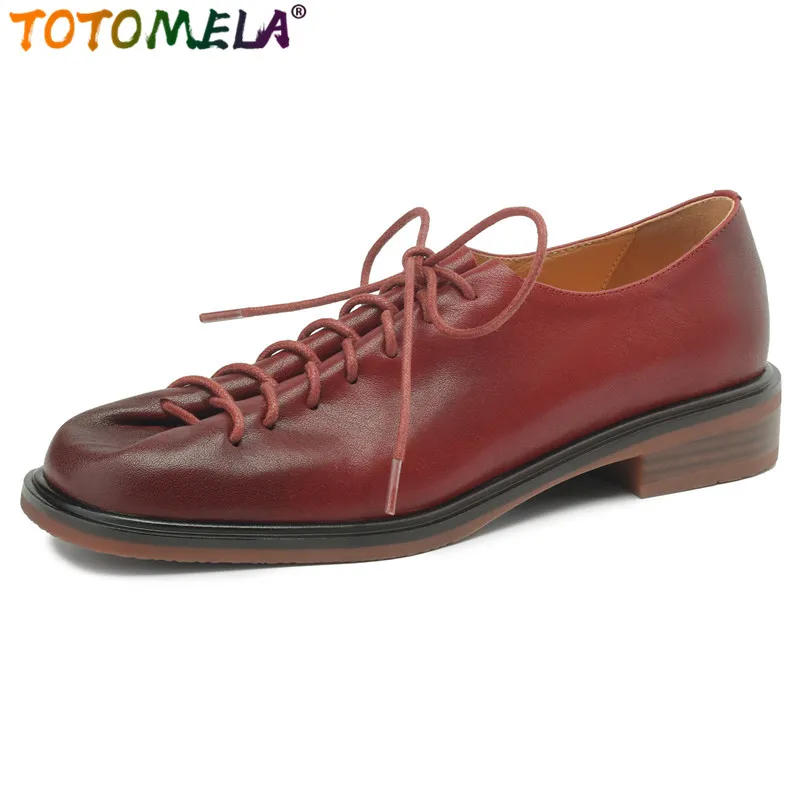 TOTOMELA 2024 New Genuine Leather Shoes Women Pumps Lace Up Round Toe Low Heels Handmade Retro Ladies Office Dress Shoes