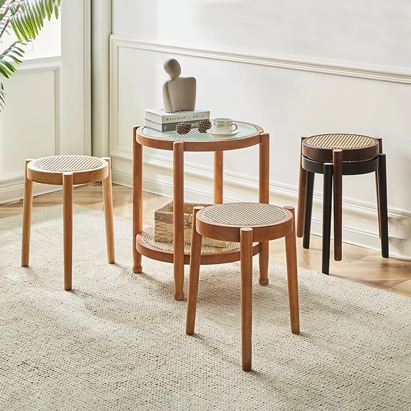 Nordic solid wood rattan stool can be stacked casual home small round stool simple low dining makeup living room