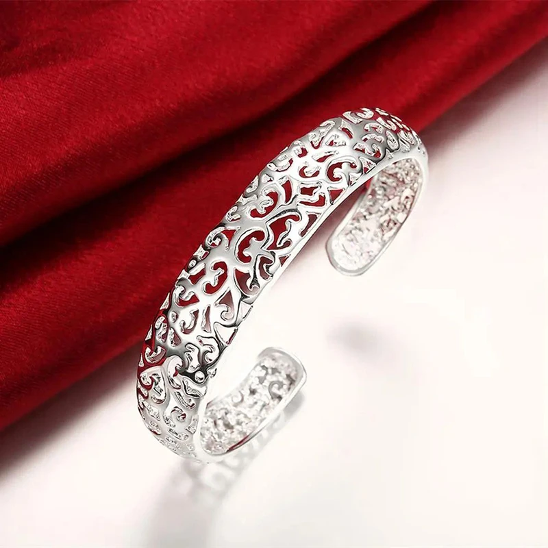 925 Sterling Silver Hollow Pattern Bangles Bracelets For Women Adjustable Fashion Luxury Jewelry Wedding Party Lady Gift