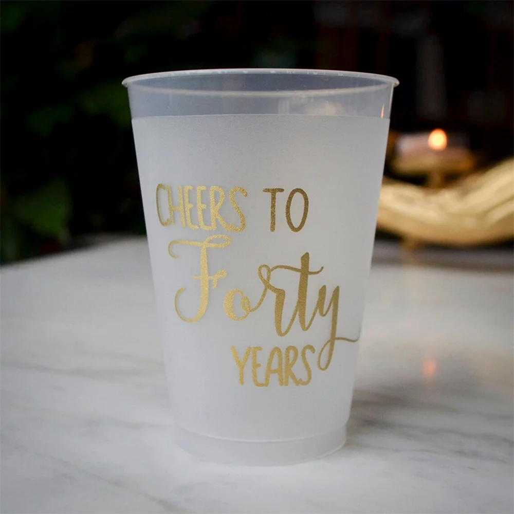 

Cheers to Forty Years Frost-Flex Cups, 40th Birthday Party Decor, Custom Shatterproof Cups, Frosted Plastic Party Cups, Mileston