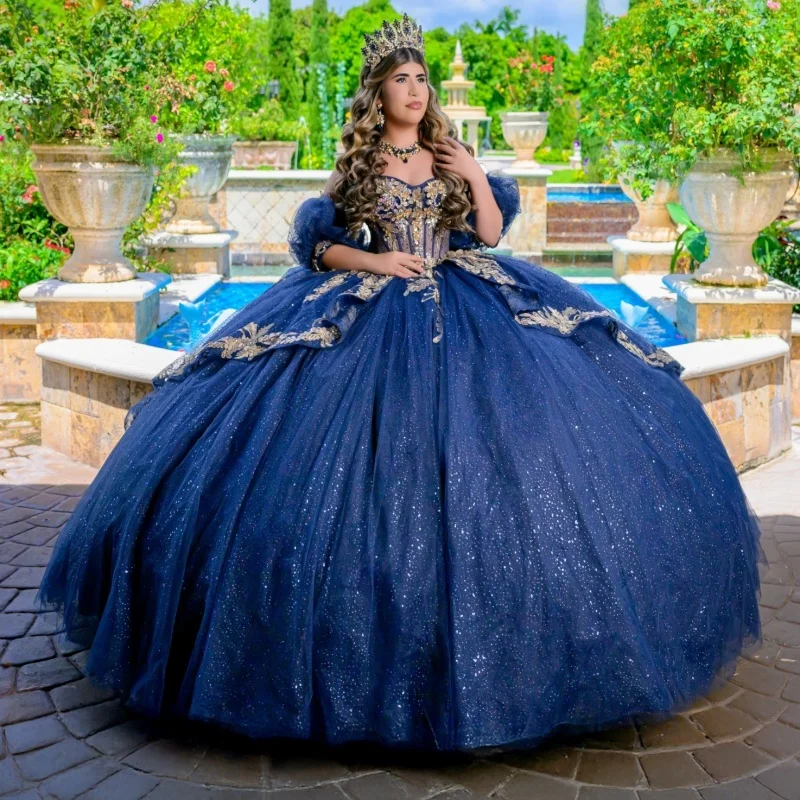 

Navy Blue Shiny Ball Gown Quinceanera Dresses Off The Shoulder Applique Lace Beads Bow Tull Party Birthday Sweet 16 Dress Vestid