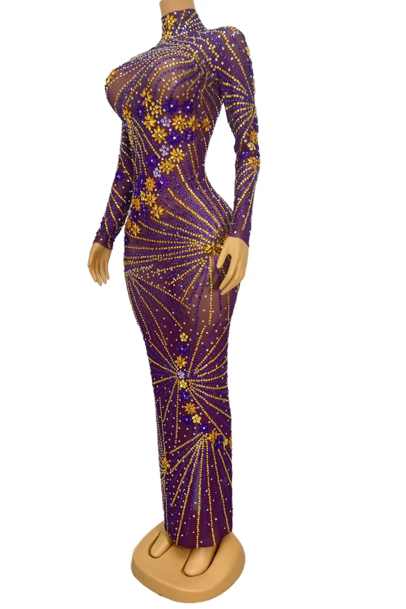 Abito lungo sexy in rete con strass viola, ballo di fine anno, compleanno, festeggiare, feste serali, aderente, costume di scena, abiti modello cantante