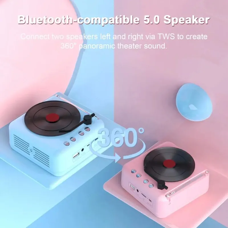 Speaker with Fm Radio Antenna Rotating Vinyl Design Speaker Vintage Vinyl Bluetooth Speaker with Fm Radio Retro Mini Stereo