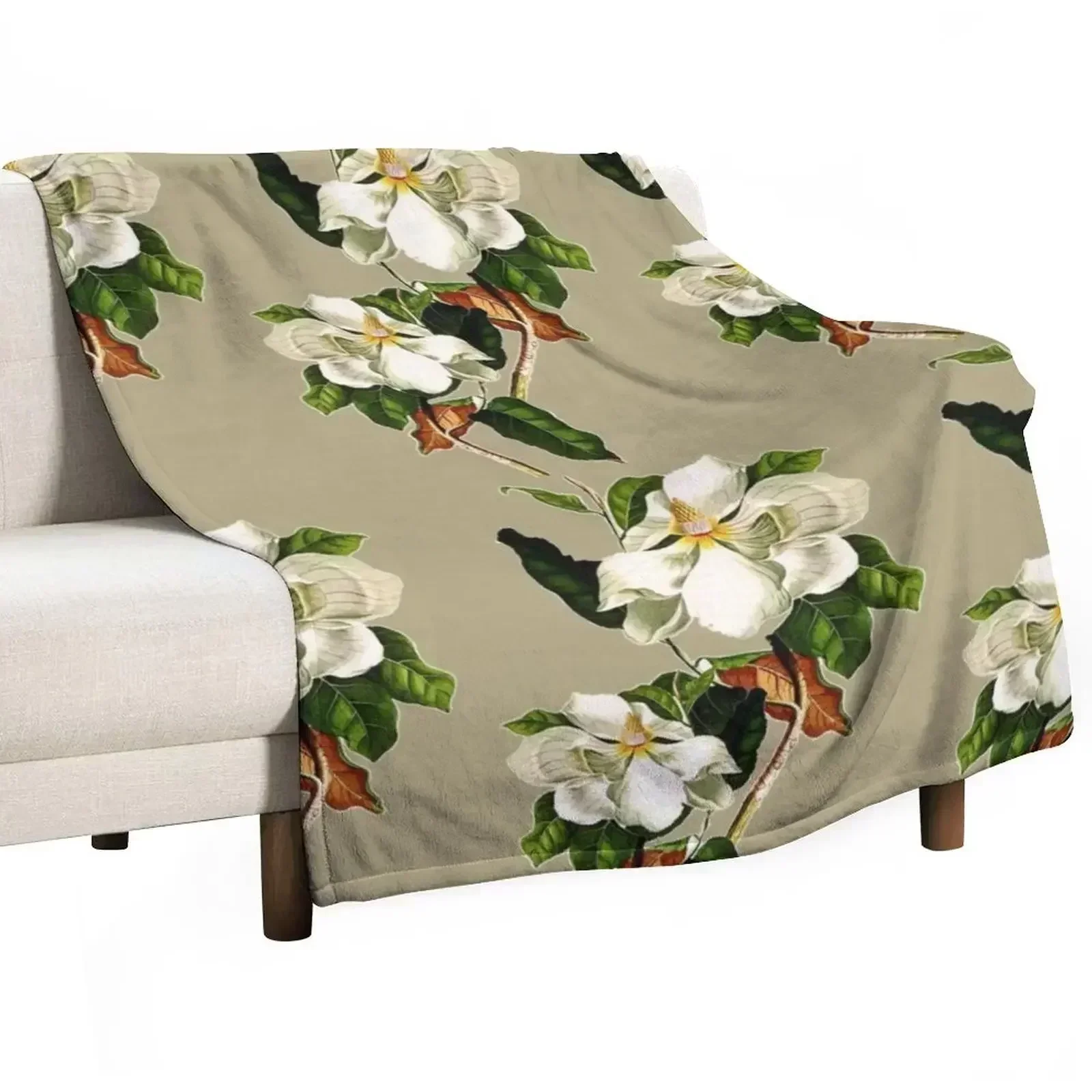 Vintage White Magnolia Pattern on Khaki Background Throw Blanket Sofa Cute Beautifuls Warm Blankets