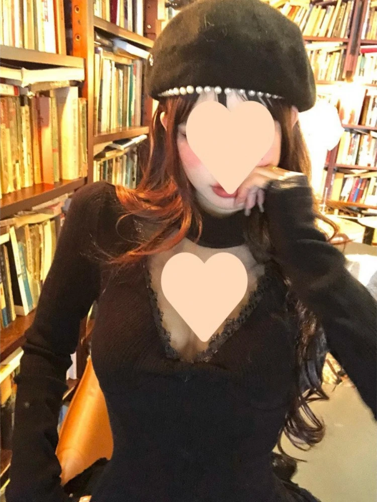 Y2k Aesthetic Women Sexy Knitted  T-shirt Vintage Lace Patchwork Grunge Cropped Tshirts Harajuku Vintage See Through Tees Femme