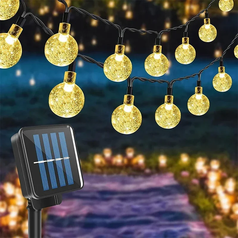 Guirnalda de luces solares para exteriores, luz de hadas de cristal, 8 modos, luz de Patio impermeable para decoración de fiesta de jardín