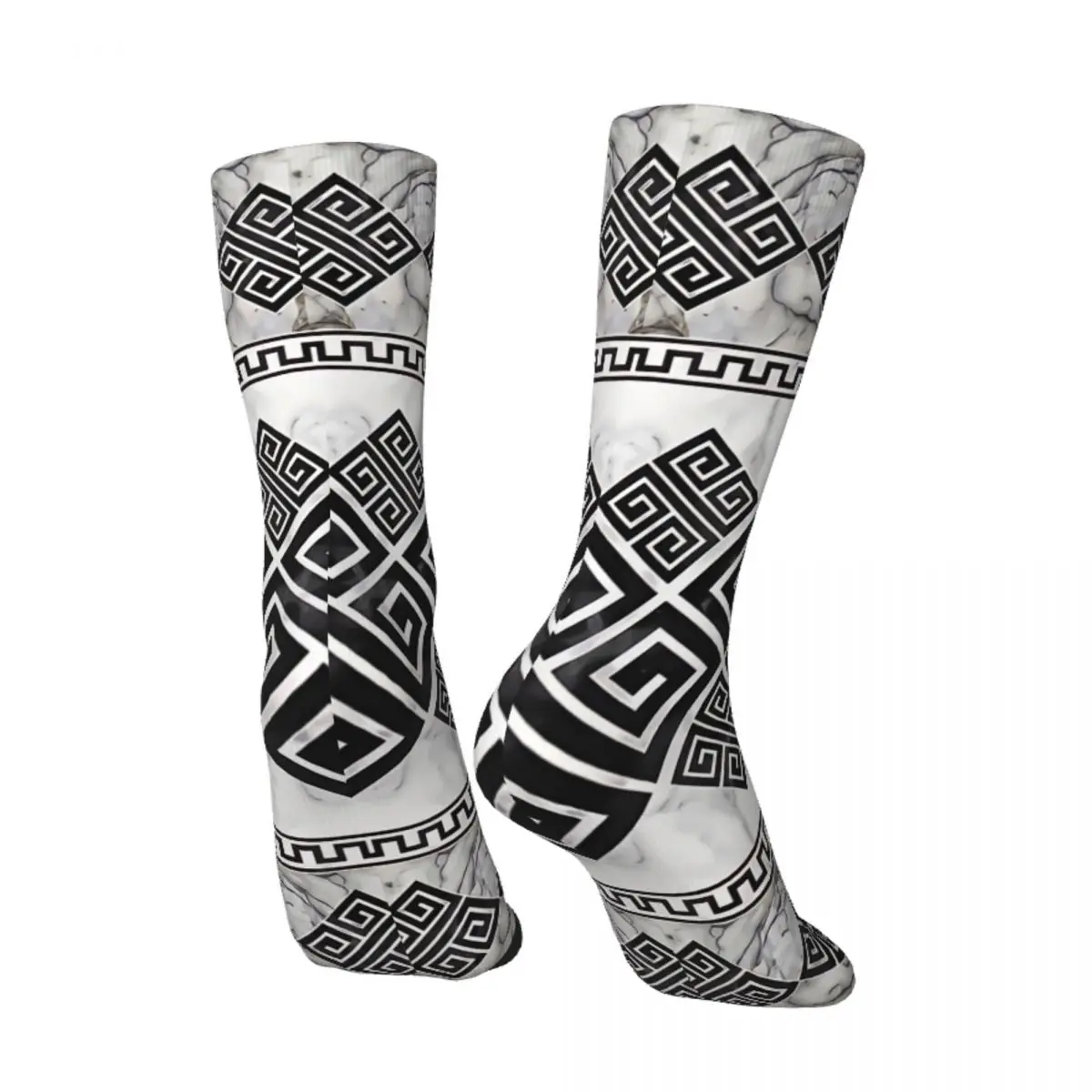 Crazy Sock for Men Greek Key Black And White Marble Hip Hop Harajuku Greek Meander Seamless Pattern Printed Boys Crew Sock