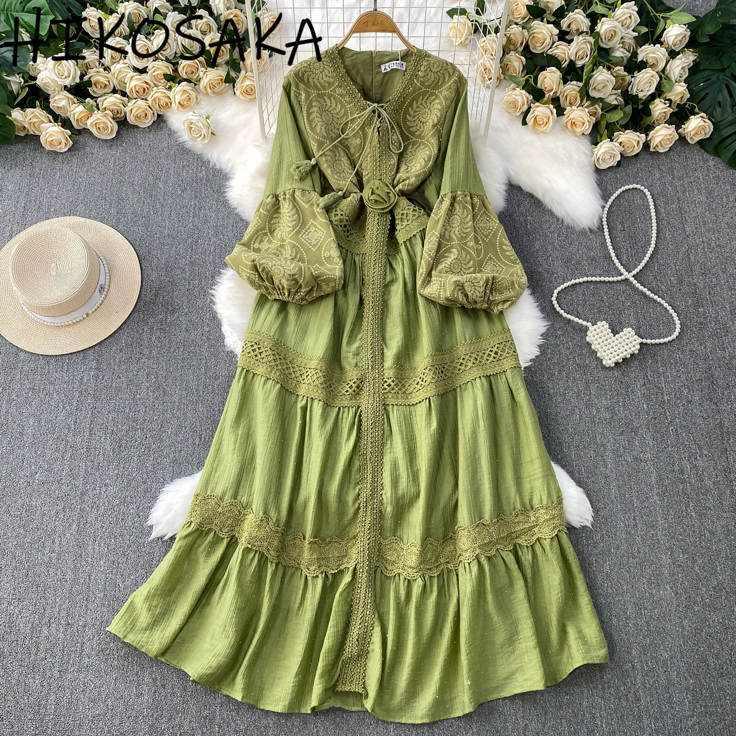 

European American Retro Fashion Diamond V-neck Dress Lantern Sleeve Lace Patchwork Cake Robe Solid All-match Temperament Vestido