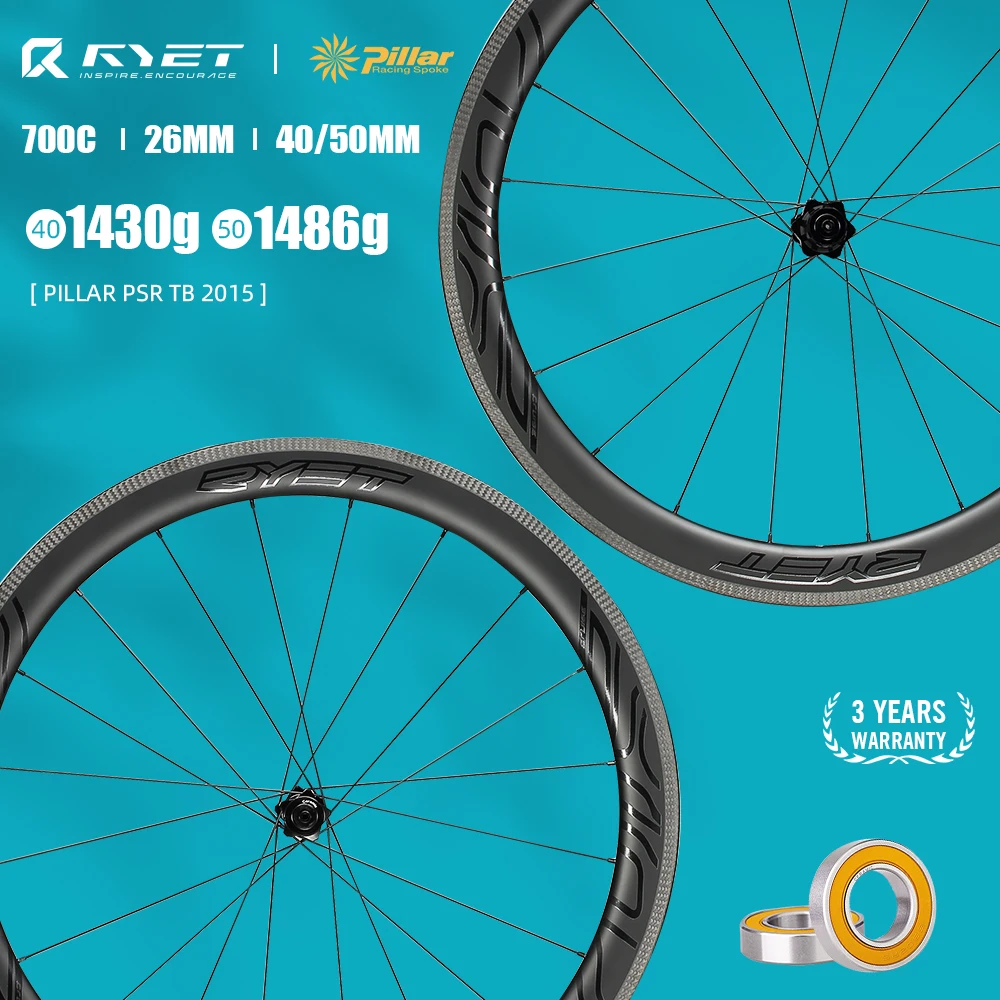 RYET Carbon Road Wheels Straight Pull Clincher Tubeless Ceramic Bearing Hub 1423 2015 Spoke Rims 700c V-Brake Bicycle Wheelset