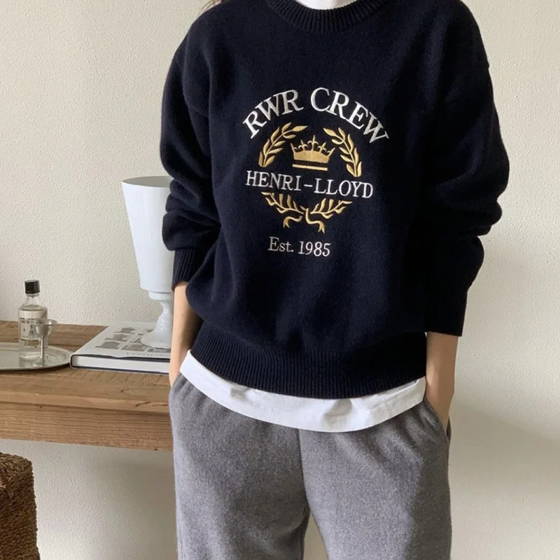 

Autumn new American style retro embroidered letter knit sweater women loose casual college style fashion base pullover