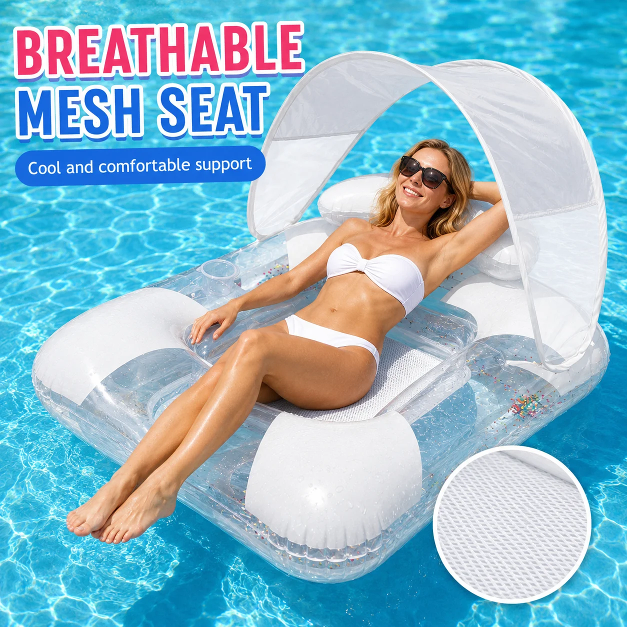 1PC Square Inflatable Pool Float with Canopy Sun Shade, Transparent Floating Island Lounge Raft, Water Hammock Pool Chair