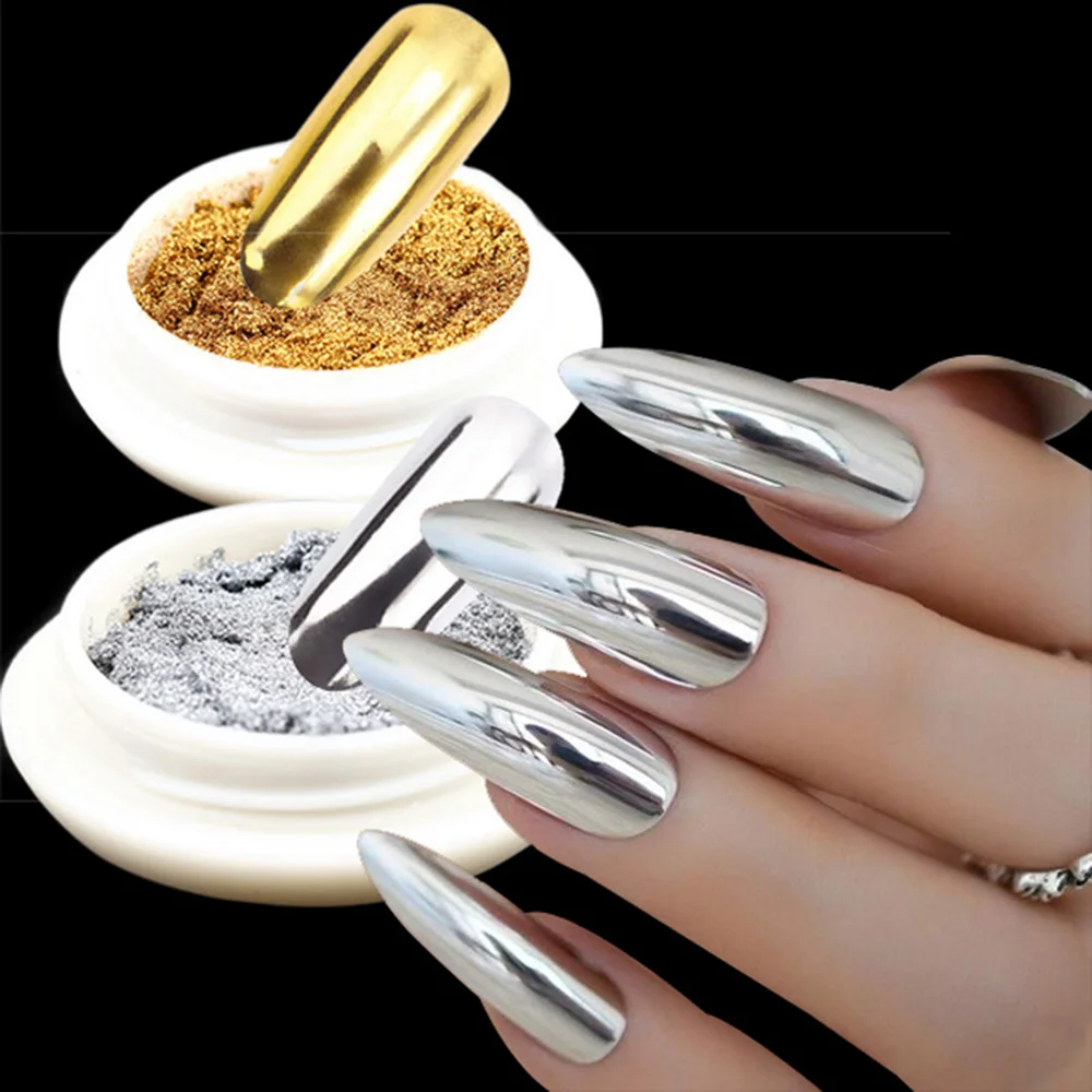 Bright-Silver Nail Mirror Glitter Powder Gold Silver Metallic Effect Pigment Gel Polish Chrome Flakes Holographic Nail art Decor