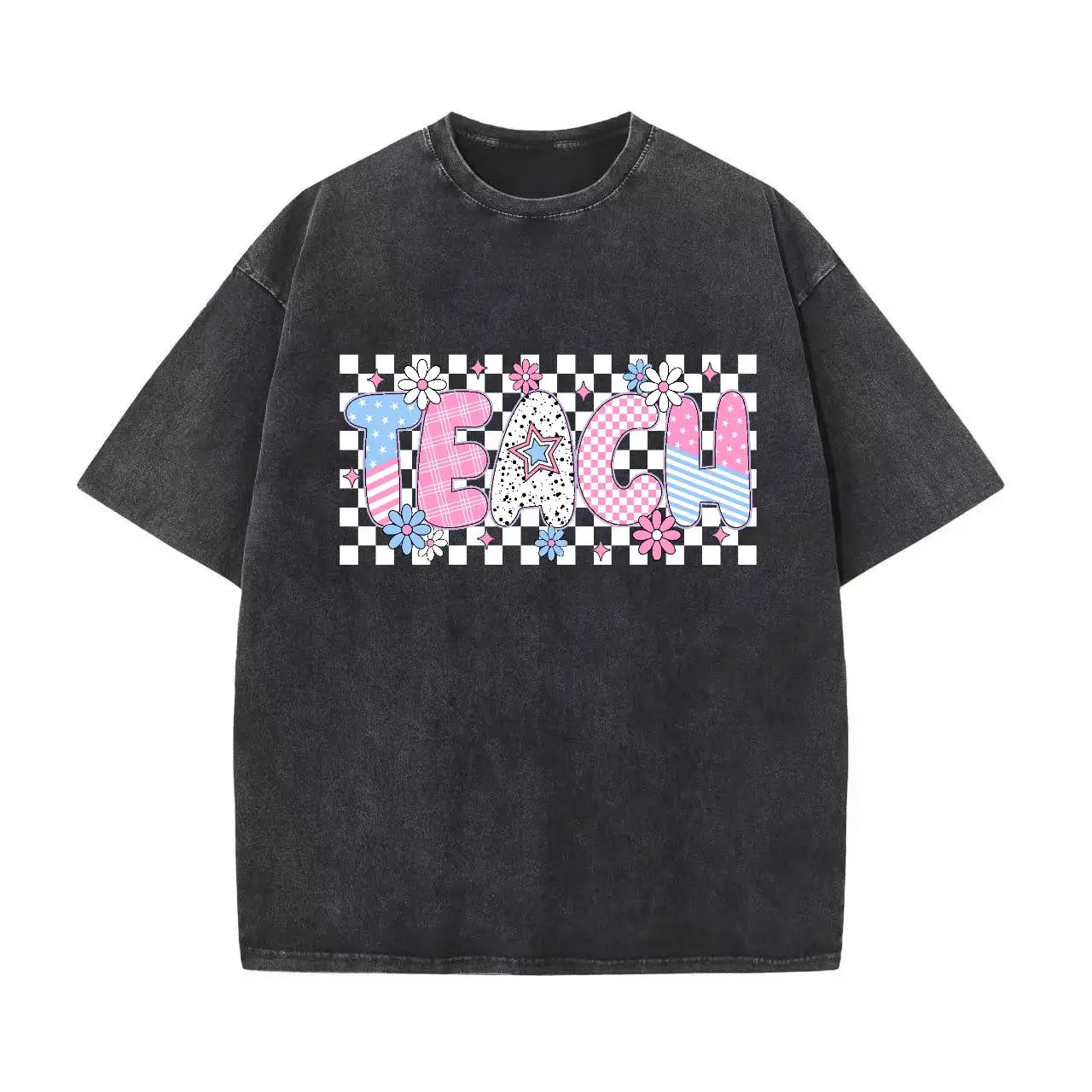 

Washed Tee Featuring Checkerboard & ‘TEACH’ Design
