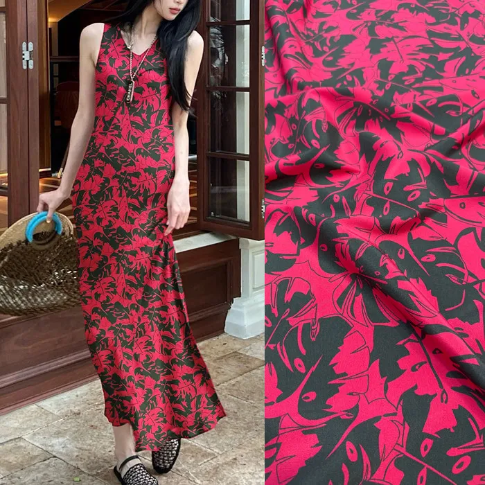 Black Base Red Floral Print Silk Stretch Crepe De Chine Fabric Mulberry Silk Material For Dresses 140cm Wide Blouse