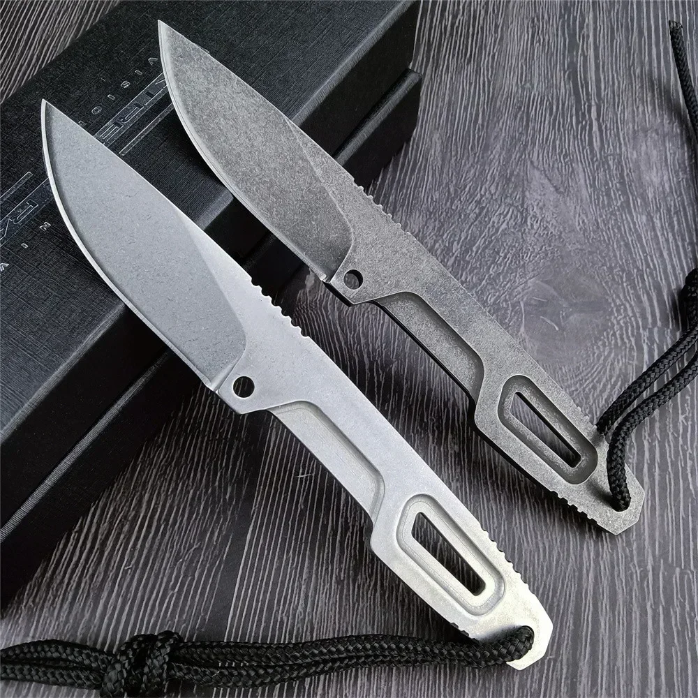 Coltello dritto piccolo da campeggio all'aperto D2 Lama fissa Manico in acciaio lavato con pietra con coltello tattico da caccia con fodero K Strumento di salvataggio