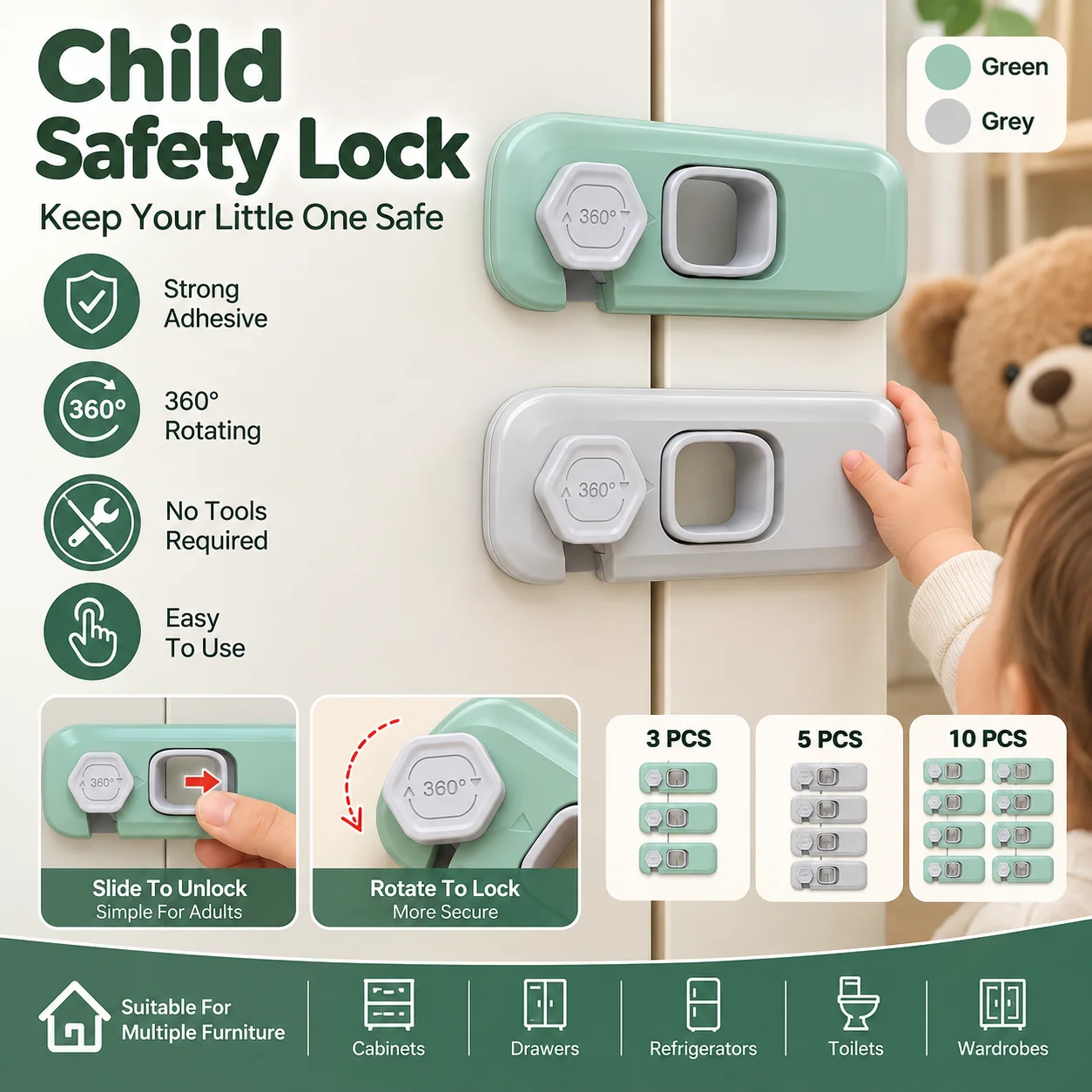 Child Safety Lock 3/5/10Pcs ABS 360 Rotating Adhesive Baby Proof Cabinet Lock Green Grey No Drill For Drawer Refrigerator